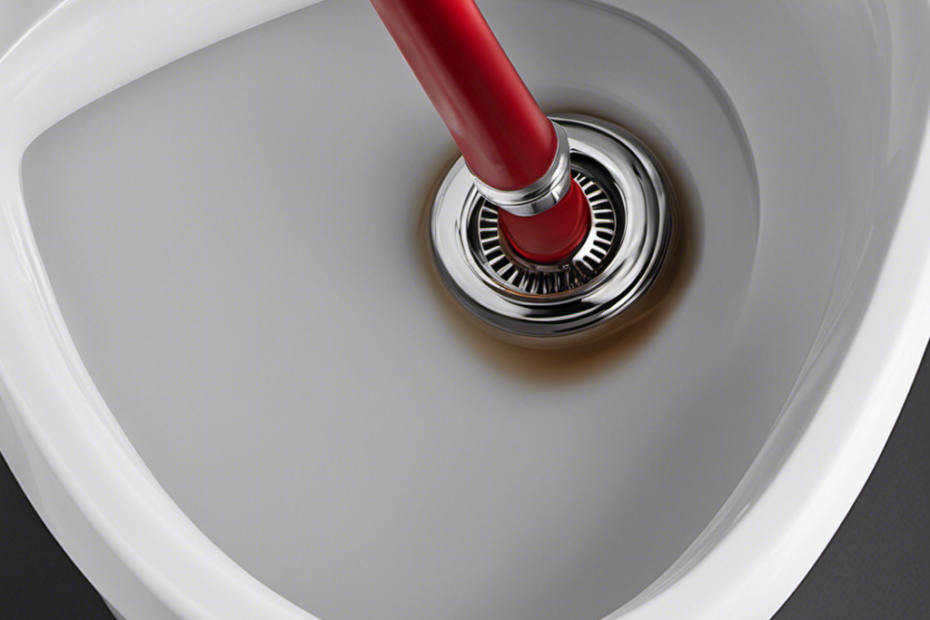 An image capturing the process of unclogging a toilet, showcasing a plunger firmly pressed against the drain, water visibly swirling around it, and gradually disappearing down the pipe