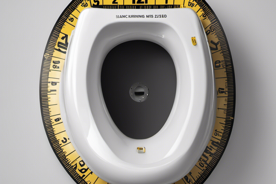 An image showcasing a measuring tape laid across a toilet seat, capturing precise measurements of length, width, and thickness