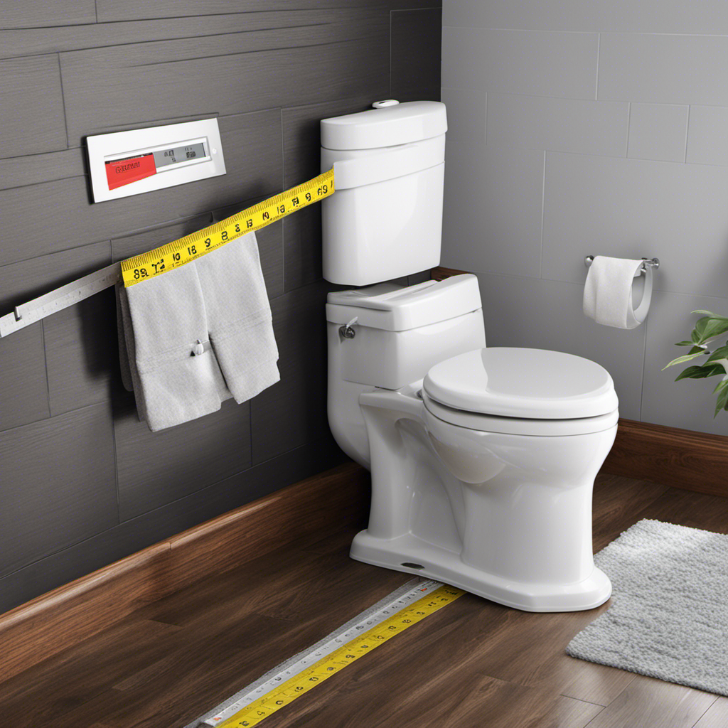 An image showcasing a measuring tape being used to measure the length, width, and height of a toilet