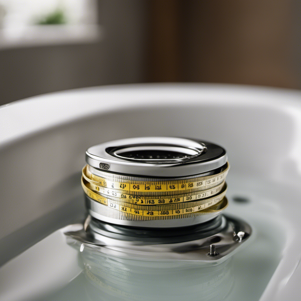 An image showcasing a close-up view of a bathtub drain, with a measuring tape wrapped around it to demonstrate the precise measurement technique