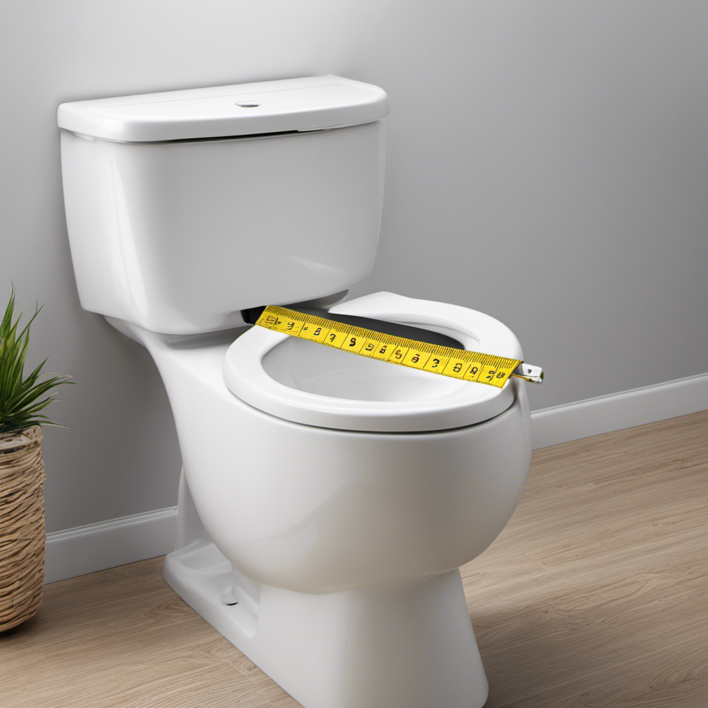 An image showcasing a measuring tape extended from the front edge of a toilet bowl, slanting diagonally towards the back edge
