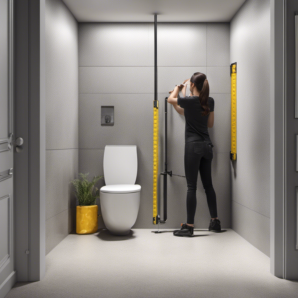 An image showcasing a person using a measuring tape to measure the distance from the wall to the toilet drain, while another person measures the rough-in distance from the wall to the toilet bolts