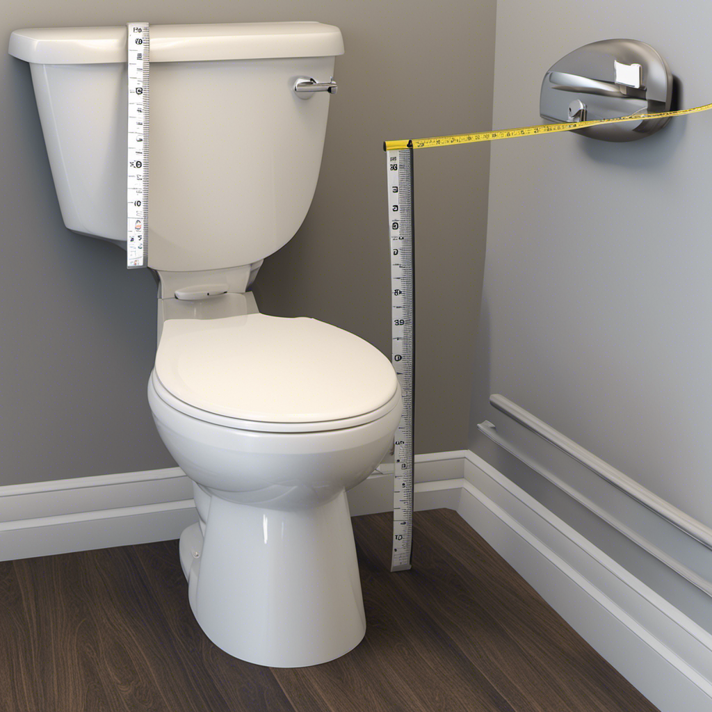 An image showing a person using a measuring tape to measure the length, width, and hinge distance of a toilet bowl