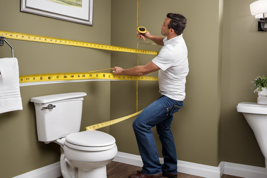 An image showcasing a person using a measuring tape to determine the distance between the wall and the center of the toilet flange, while accurately measuring the distance from the back wall to the toilet's front edge