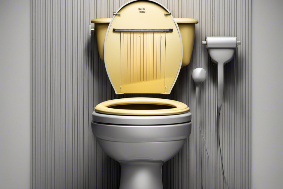 An image showcasing a close-up view of a toilet flapper, with a measuring tape positioned next to it