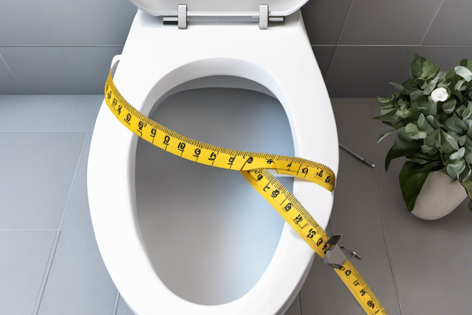 An image depicting a measuring tape wrapped around a toilet seat, capturing precise measurements of width, length, and hinge spacing