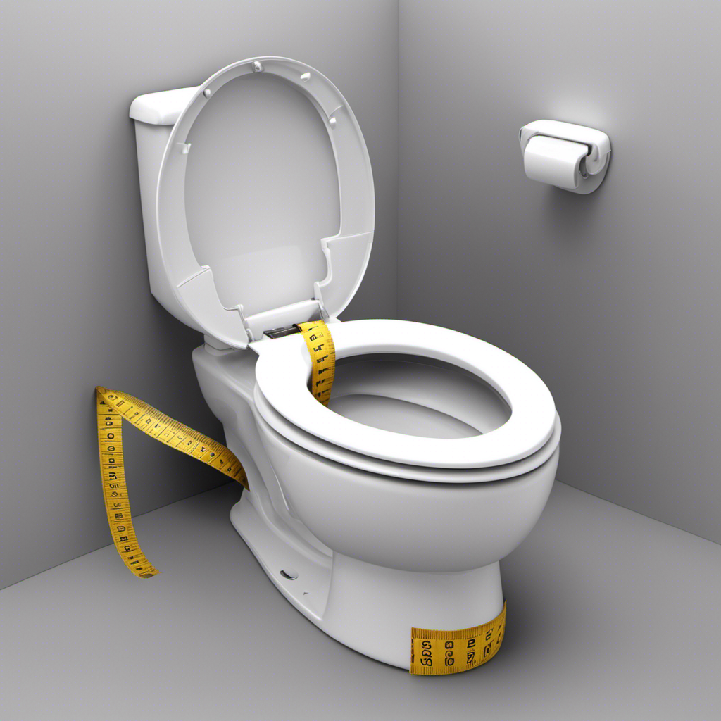 An image showcasing a measuring tape stretched from the back of a toilet bowl to the front edge of the seat, providing clear measurements