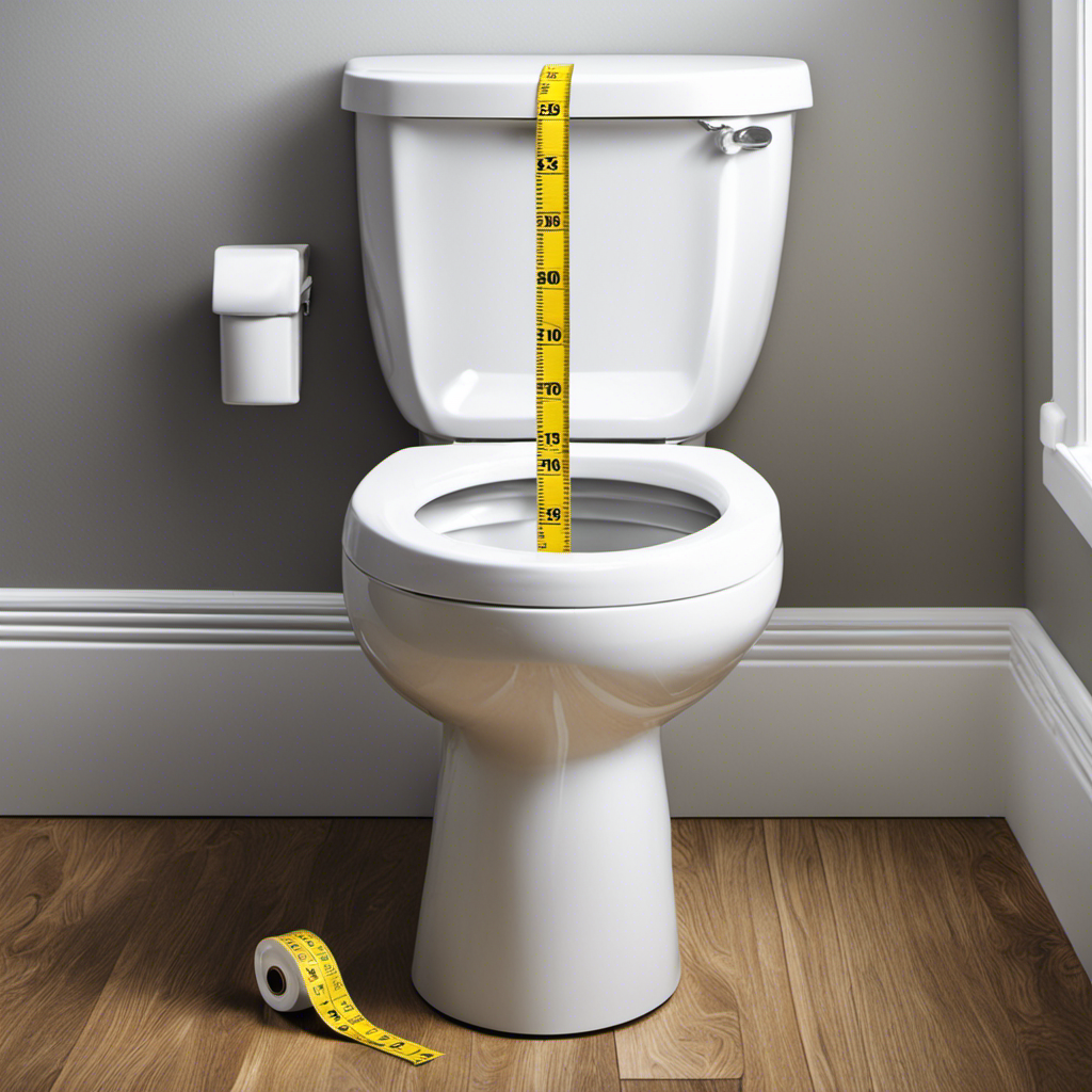 An image showcasing a tape measure stretched across the width and depth of a toilet bowl, highlighting the precise measurements
