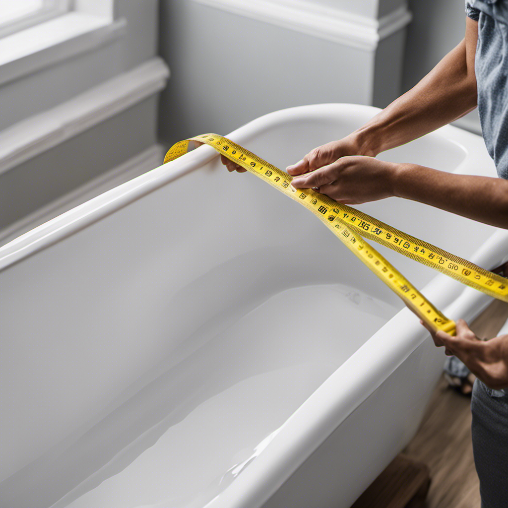 An image showcasing a person using a measuring tape to determine the width of a bathtub