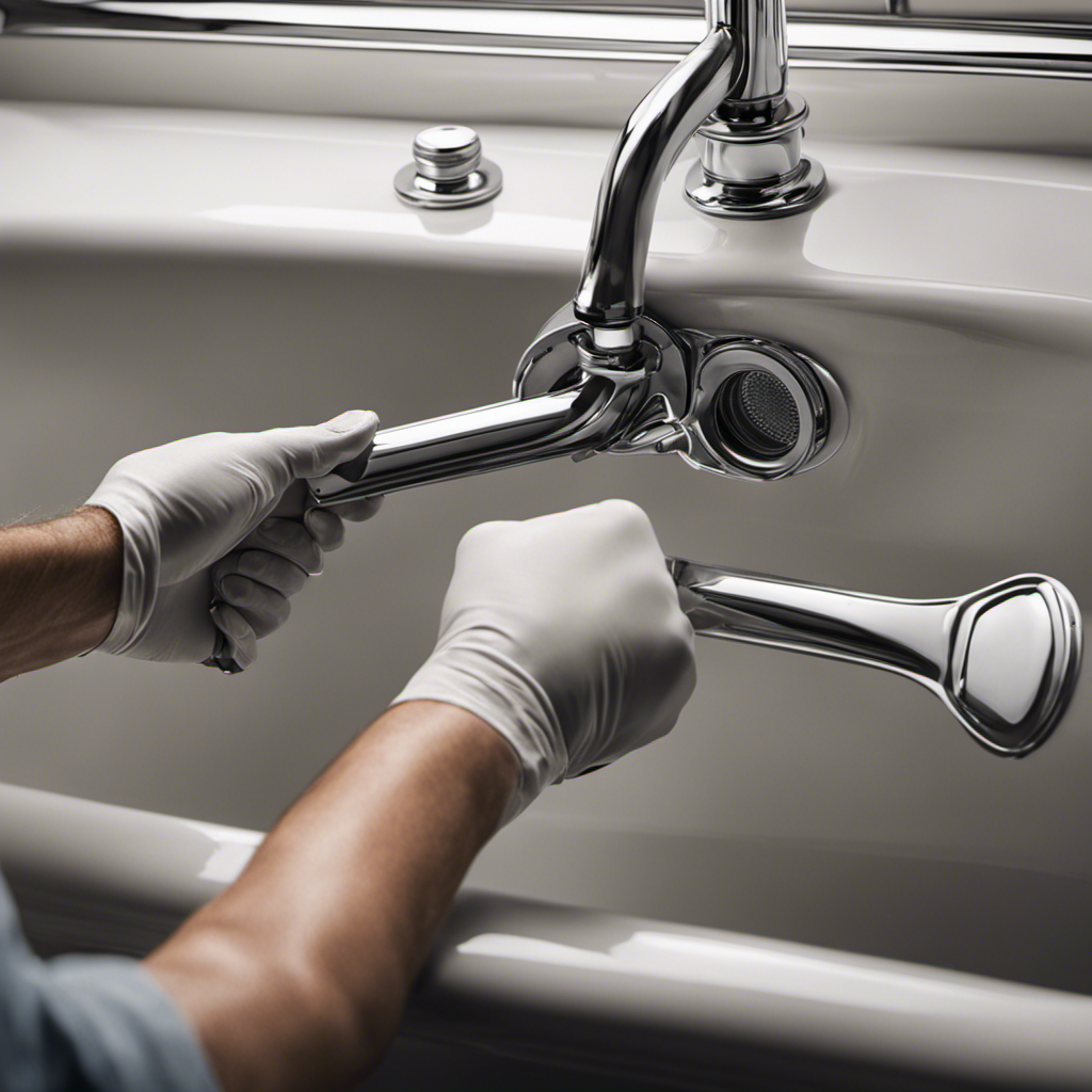 An image showcasing a pair of gloved hands holding a wrench, positioned above a bathtub floor