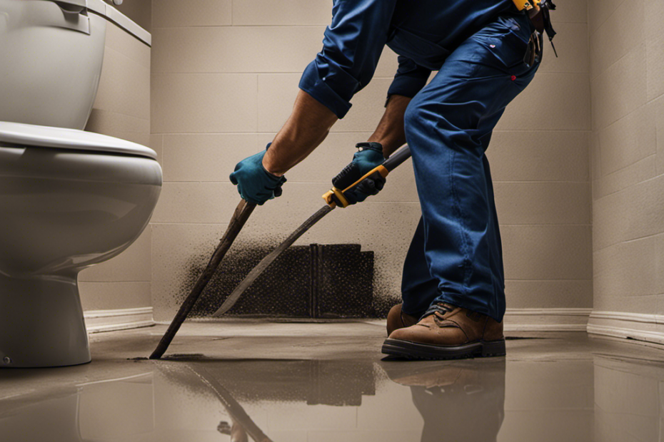 An image capturing the step-by-step process of relocating a toilet drain: a plumber cutting through the concrete floor, fitting new pipe sections, applying sealants, and connecting the revamped drain to the toilet