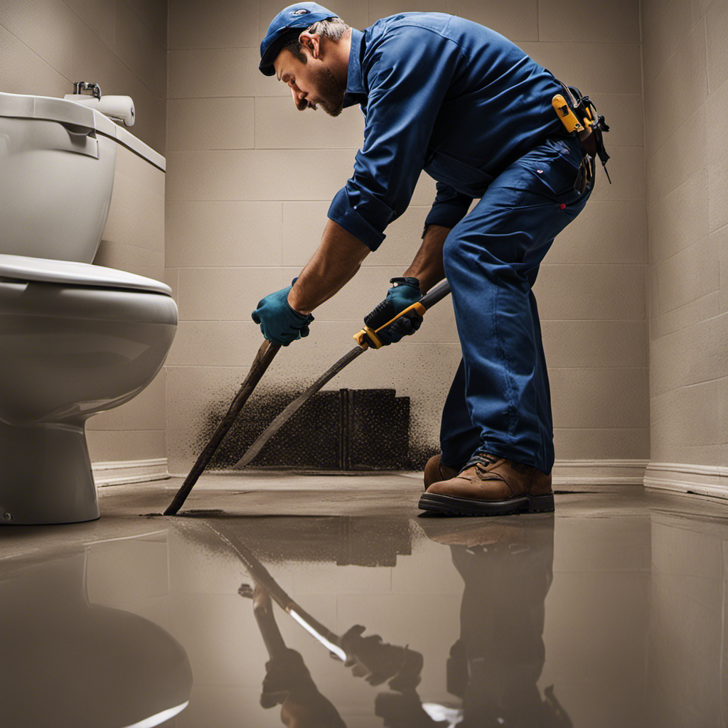 An image capturing the step-by-step process of relocating a toilet drain: a plumber cutting through the concrete floor, fitting new pipe sections, applying sealants, and connecting the revamped drain to the toilet