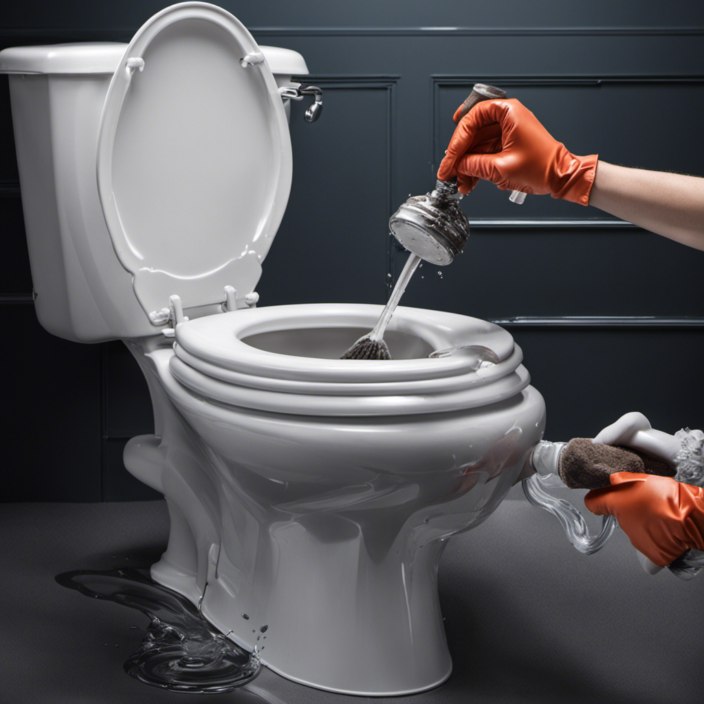 An image showing a pair of gloved hands using a plunger to vigorously plunge a clogged toilet, with water splashing out and debris visibly dislodging