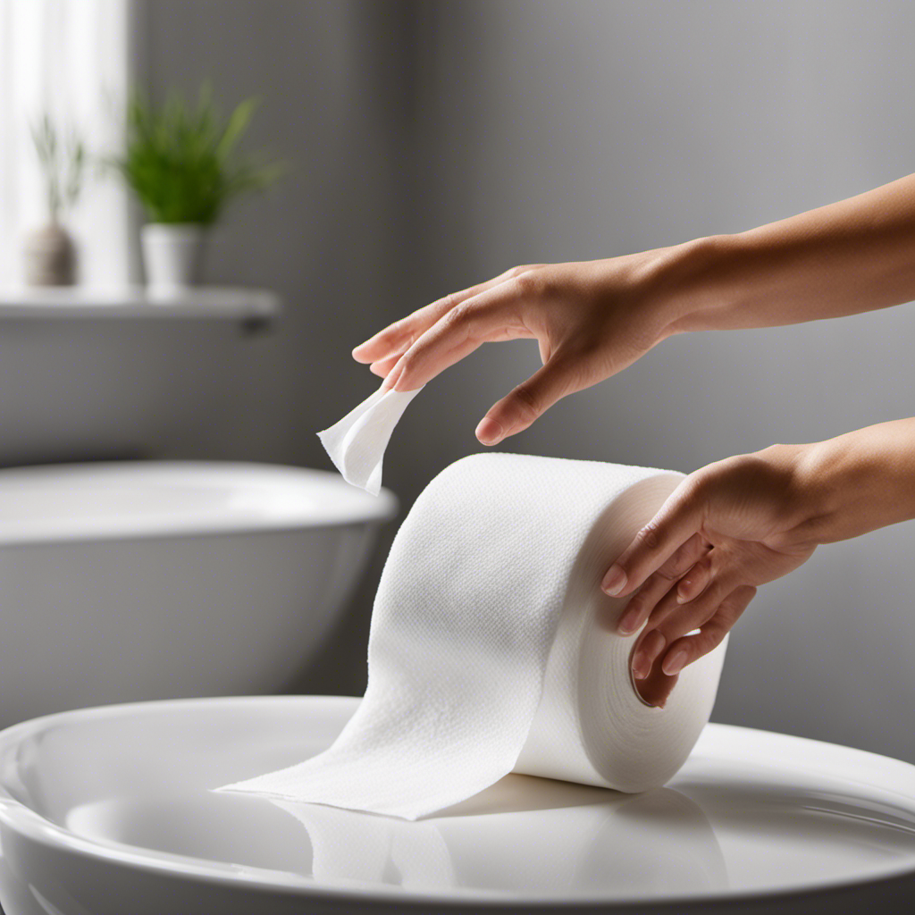 An image showcasing a pair of freshly washed hands gently unrolling a pristine white sheet of toilet paper, perfectly smooth and free from any residue, against a background of a clean bathroom
