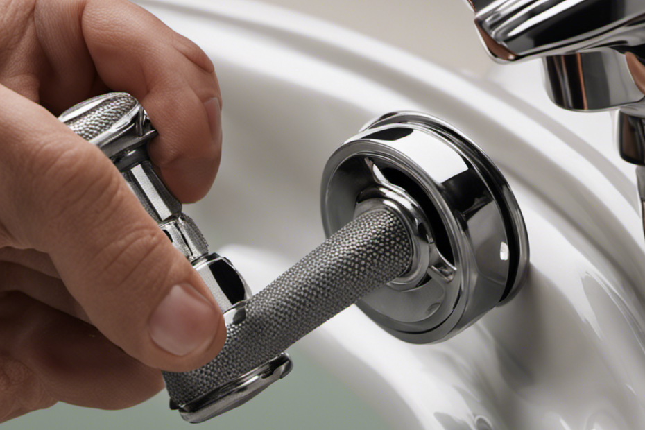 An image showcasing a close-up view of a hand gripping the knob of a bathtub drain stopper, while another hand holds a wrench poised to unscrew the stopper
