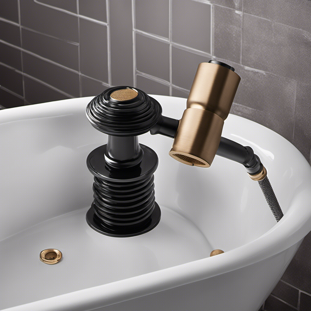 An image of a hand gripping a sturdy plunger, positioned over a bathtub drain