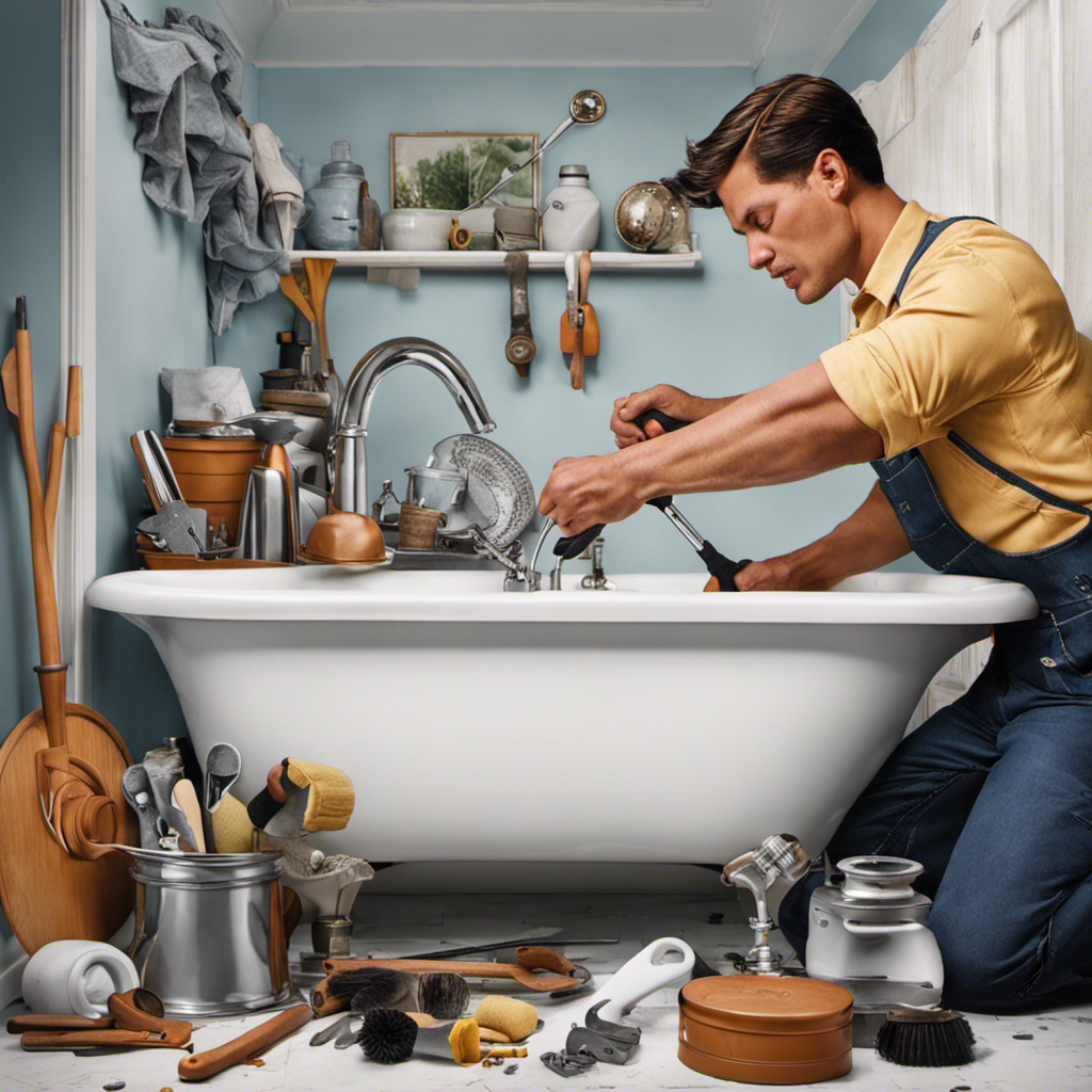An image showcasing a pair of hands, wielding a screwdriver, delicately removing the drain cover from a bathtub