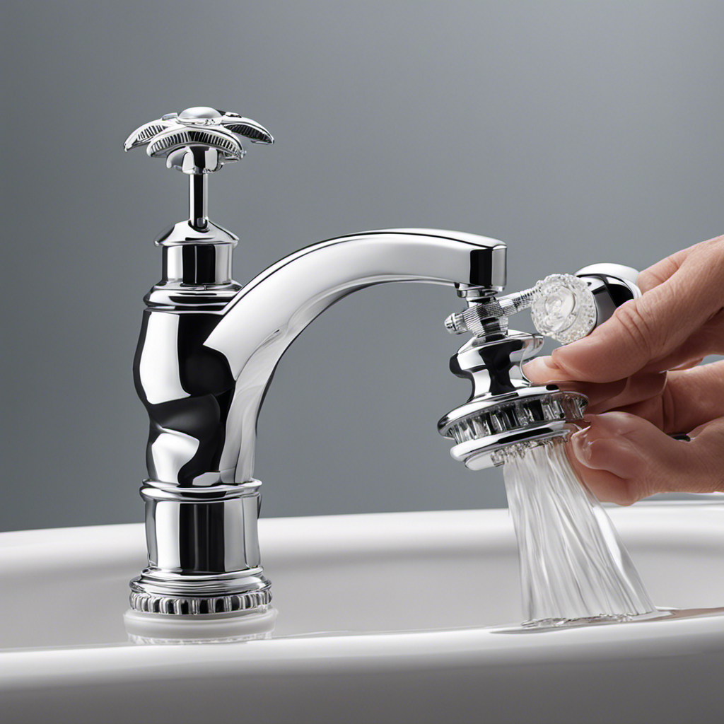 An image showcasing a pair of gloved hands lifting the chrome-plated lever of a bathtub stopper, revealing the intricate mechanism underneath