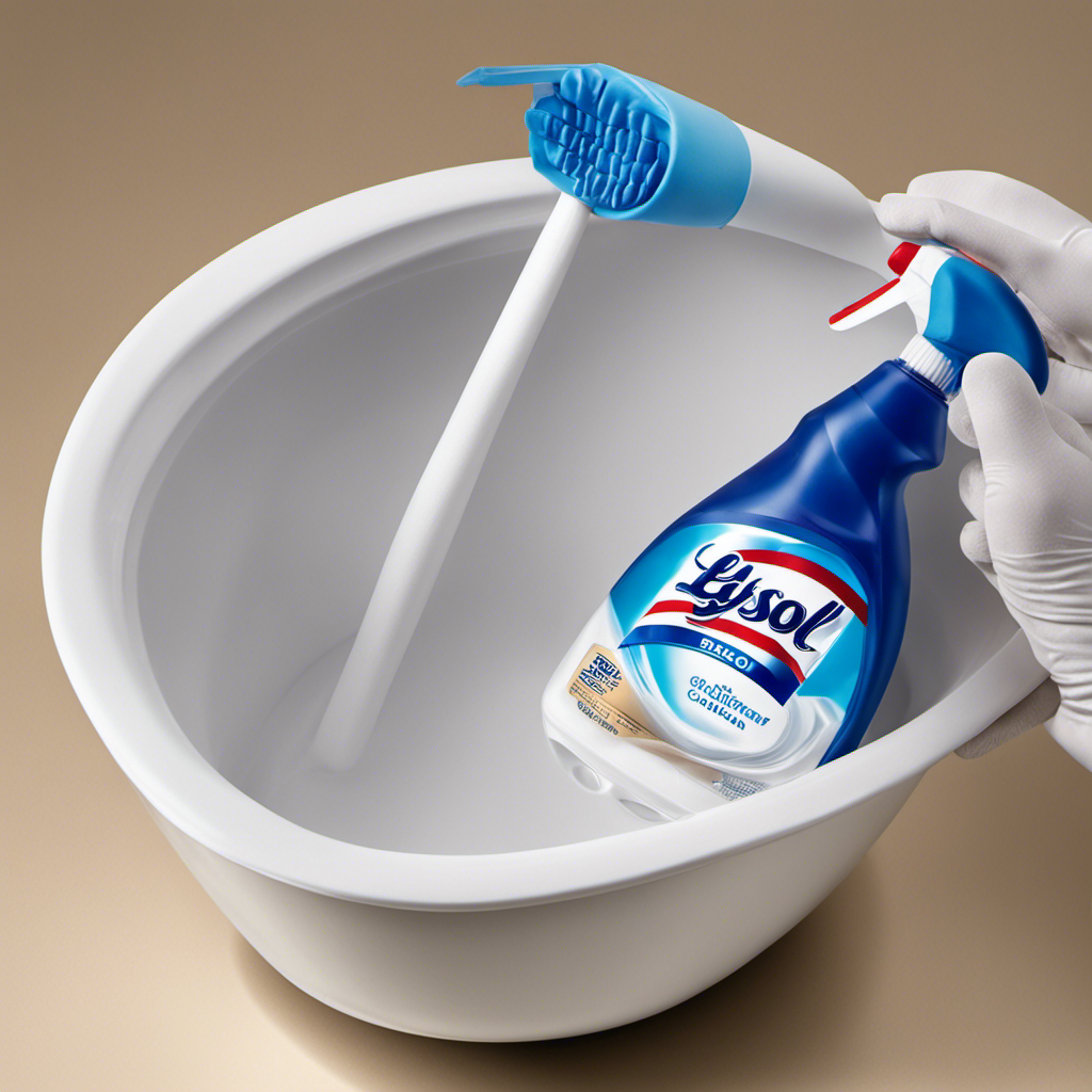 An image showcasing a pair of gloved hands gripping the ridged cap of a Lysol Toilet Bowl Cleaner bottle, while twisting it counterclockwise to demonstrate the step-by-step process of opening the product