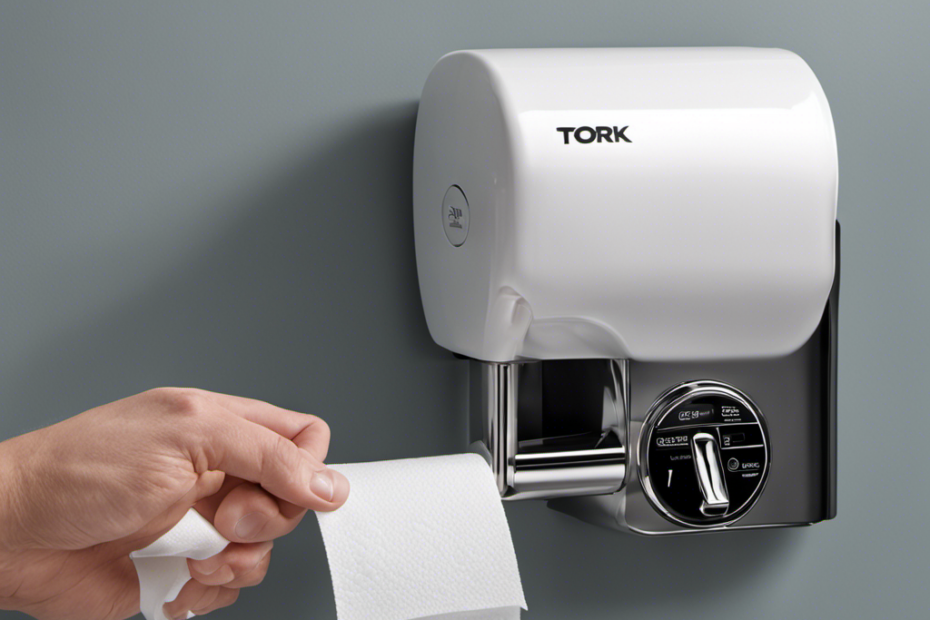 An image showcasing a pair of gloved hands firmly grasping the Tork toilet paper dispenser's bottom lip, while simultaneously pressing the release button with their thumb, elegantly demonstrating the step-by-step process of opening the dispenser