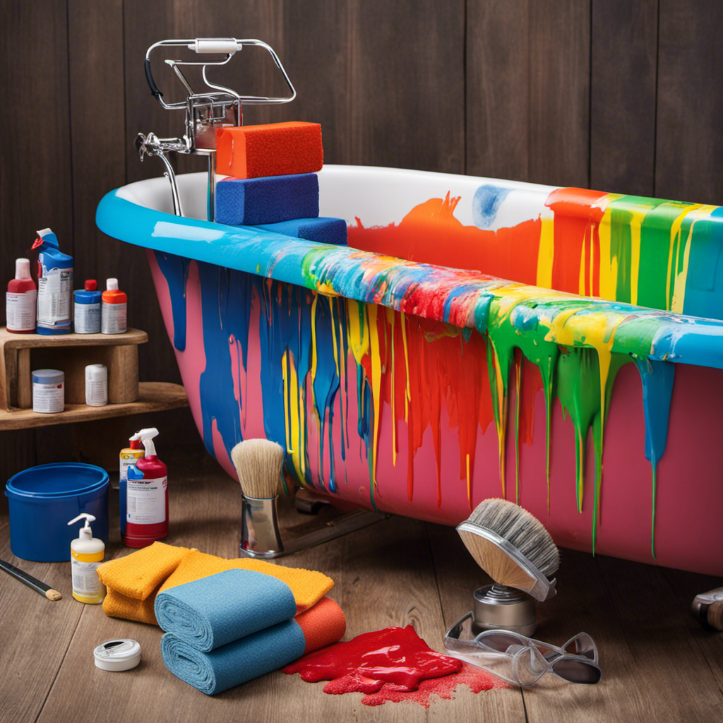 An image that showcases all the essential supplies needed to paint a bathtub: a paint roller, masking tape, primer, sandpaper, a paint tray, safety goggles, gloves, a respirator, and an array of vibrant paint colors