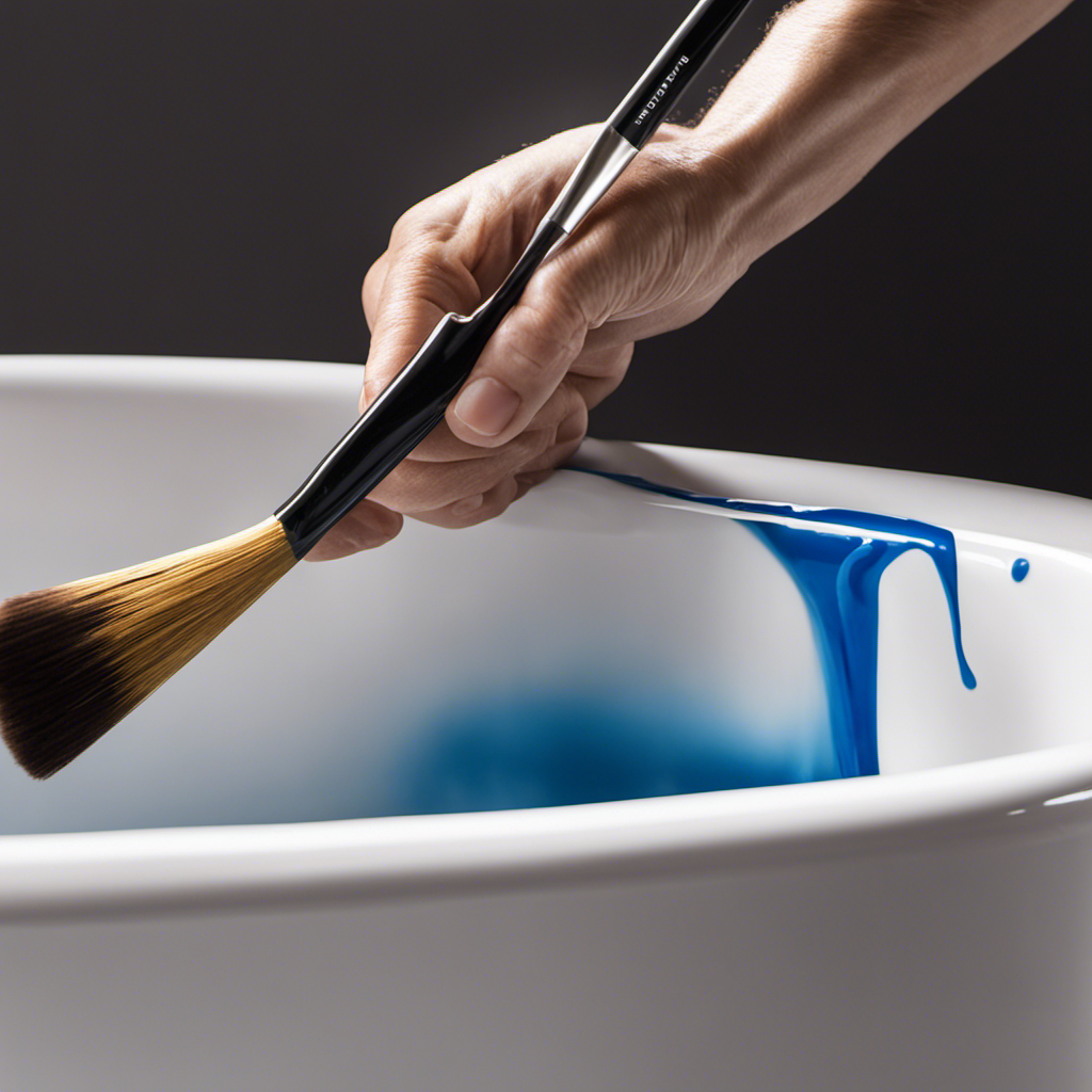 An image showcasing a close-up of a hand holding a paintbrush, delicately applying a smooth layer of epoxy enamel paint on a pristine white bathtub, highlighting the meticulous process of choosing and expertly applying paint