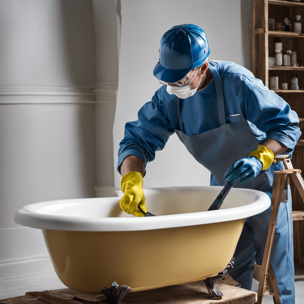 An image depicting a person wearing protective gloves and using a paintbrush to meticulously apply a thick layer of primer onto a bathtub's surface, ensuring full coverage and smoothness for an impeccable paint job