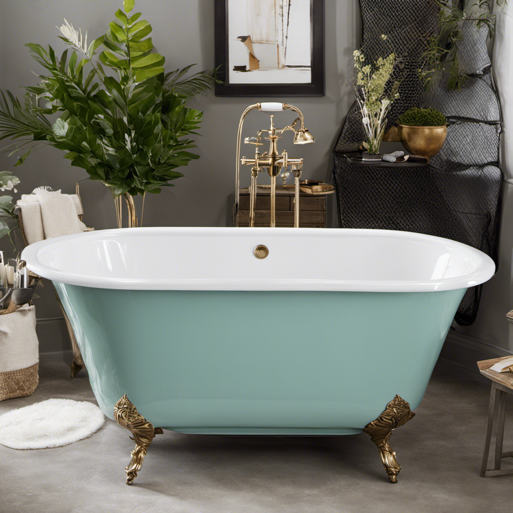 An image showcasing a step-by-step guide on painting a metal bathtub: a scrubbed and dried tub, masked edges, a primer layer, smooth paint application, a glossy finish, and a transformed bathtub