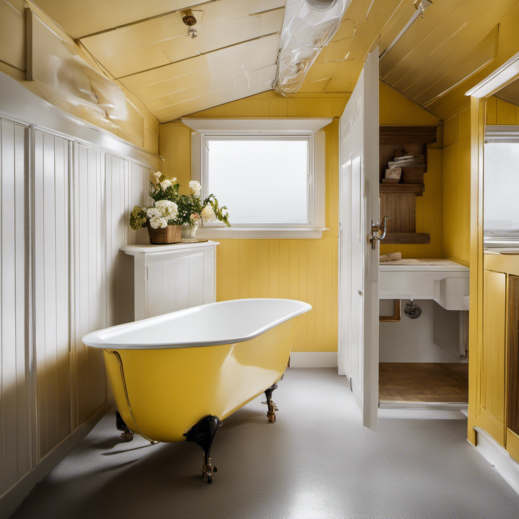 An image featuring a mobile home bathroom with a worn, yellowed plastic bathtub
