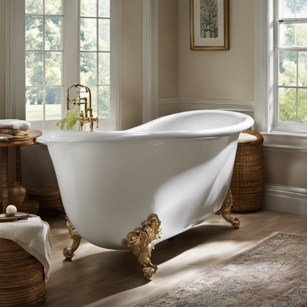 An image showcasing a step-by-step guide on painting a bathtub: a person wearing protective gear, sanding the tub's surface, applying primer, meticulously brushing on a fresh coat of paint, and finally, a beautifully restored bathtub shining in the bathroom