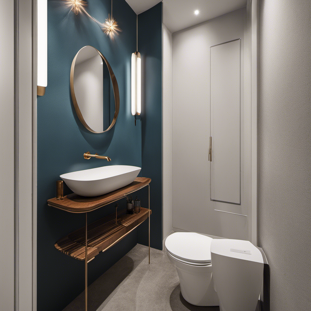 An image showcasing a narrow bathroom space with a toilet positioned against the wall