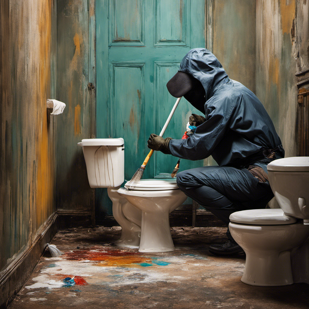 An image capturing a person crouching behind a toilet, brush in hand, meticulously covering the wall with smooth strokes of paint
