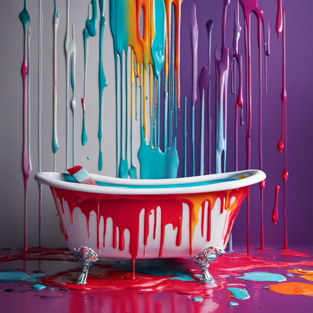 An image showcasing a hand holding a paintbrush, delicately gliding smooth strokes of vibrant paint onto a plastic bathtub