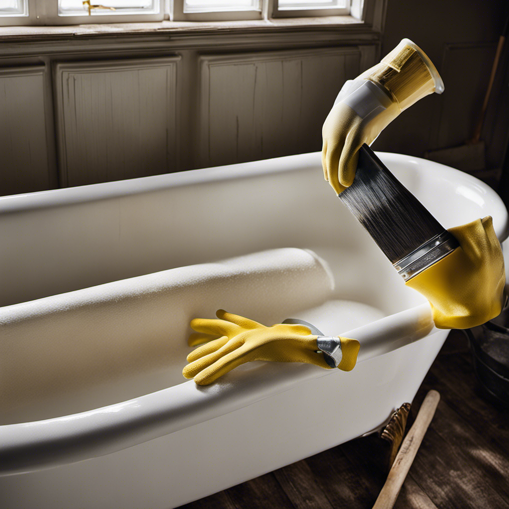 An image showcasing a pair of gloved hands delicately sanding and prepping the bathtub's surface, with paint cans, brushes, and masking tape nearby, ready to transform the worn-out tub into a gleaming masterpiece