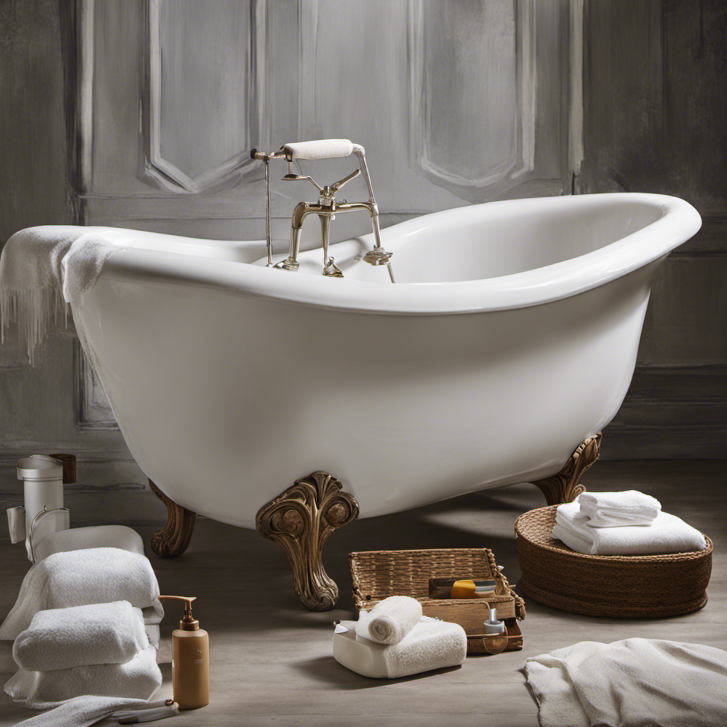 An image showcasing a serene bathroom scene: a pair of gloved hands skillfully applying smooth strokes of glossy white paint onto a worn-out bathtub, surrounded by brushes, rollers, and a protective drop cloth