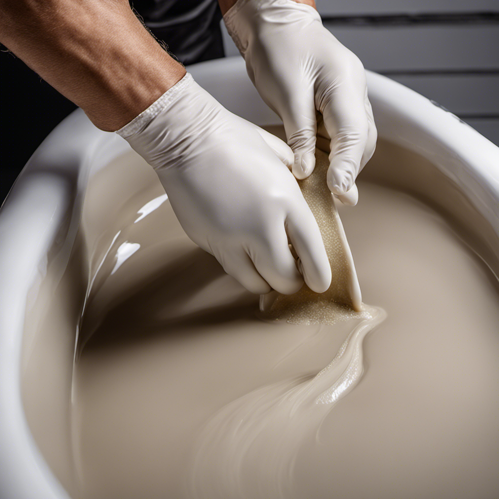 An image showcasing a close-up view of a pair of gloved hands gently spreading epoxy putty over a hairline crack in a porcelain bathtub, with a smoothing tool nearby