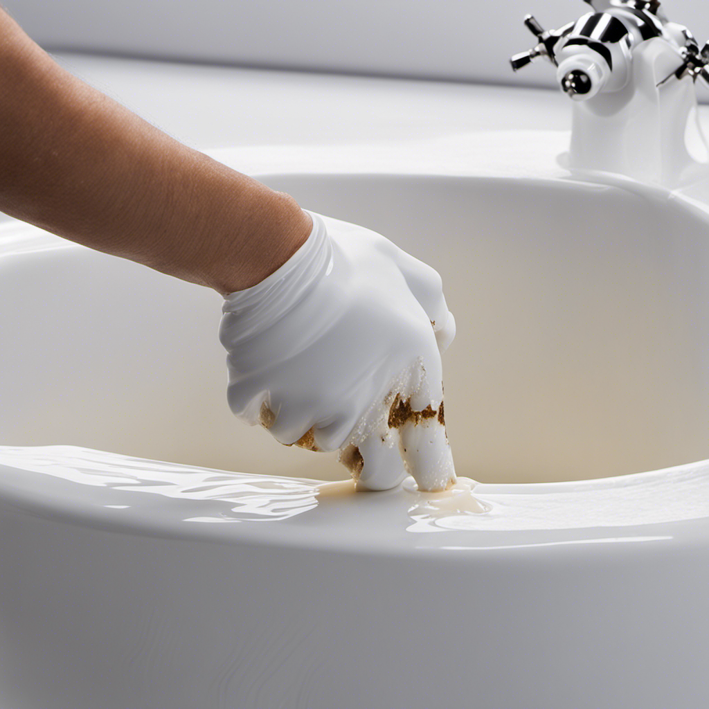 An image capturing a close-up view of a gloved hand gently applying a thick layer of epoxy resin into a deep, jagged hole in a white porcelain bathtub, showcasing the meticulous process of patching