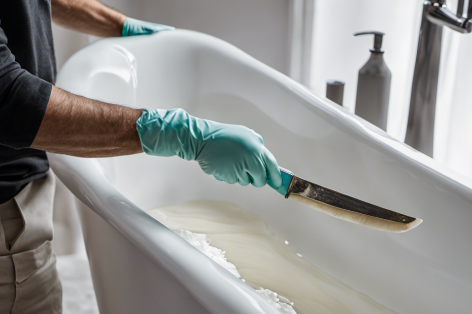 An image showcasing a gloved hand using a putty knife to meticulously apply waterproof epoxy resin over a crack in a white porcelain bathtub, ensuring a seamless repair