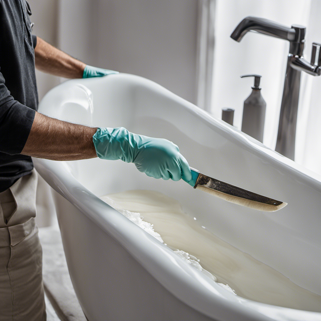 An image showcasing a gloved hand using a putty knife to meticulously apply waterproof epoxy resin over a crack in a white porcelain bathtub, ensuring a seamless repair