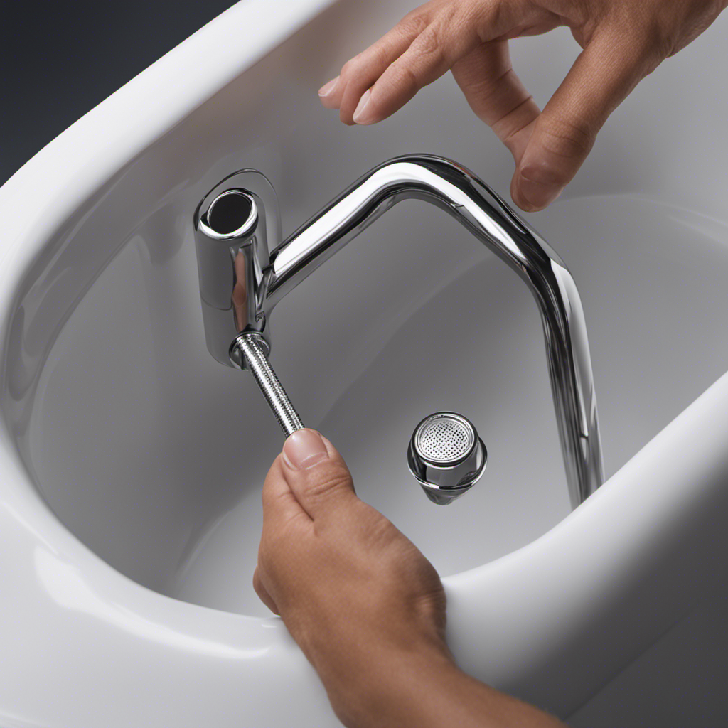 An image showcasing a step-by-step guide on how to plug a bathtub: a close-up of a hand grasping a rubber stopper, followed by a series of visuals illustrating the process, including inserting the stopper into the drain and turning the lever to secure it