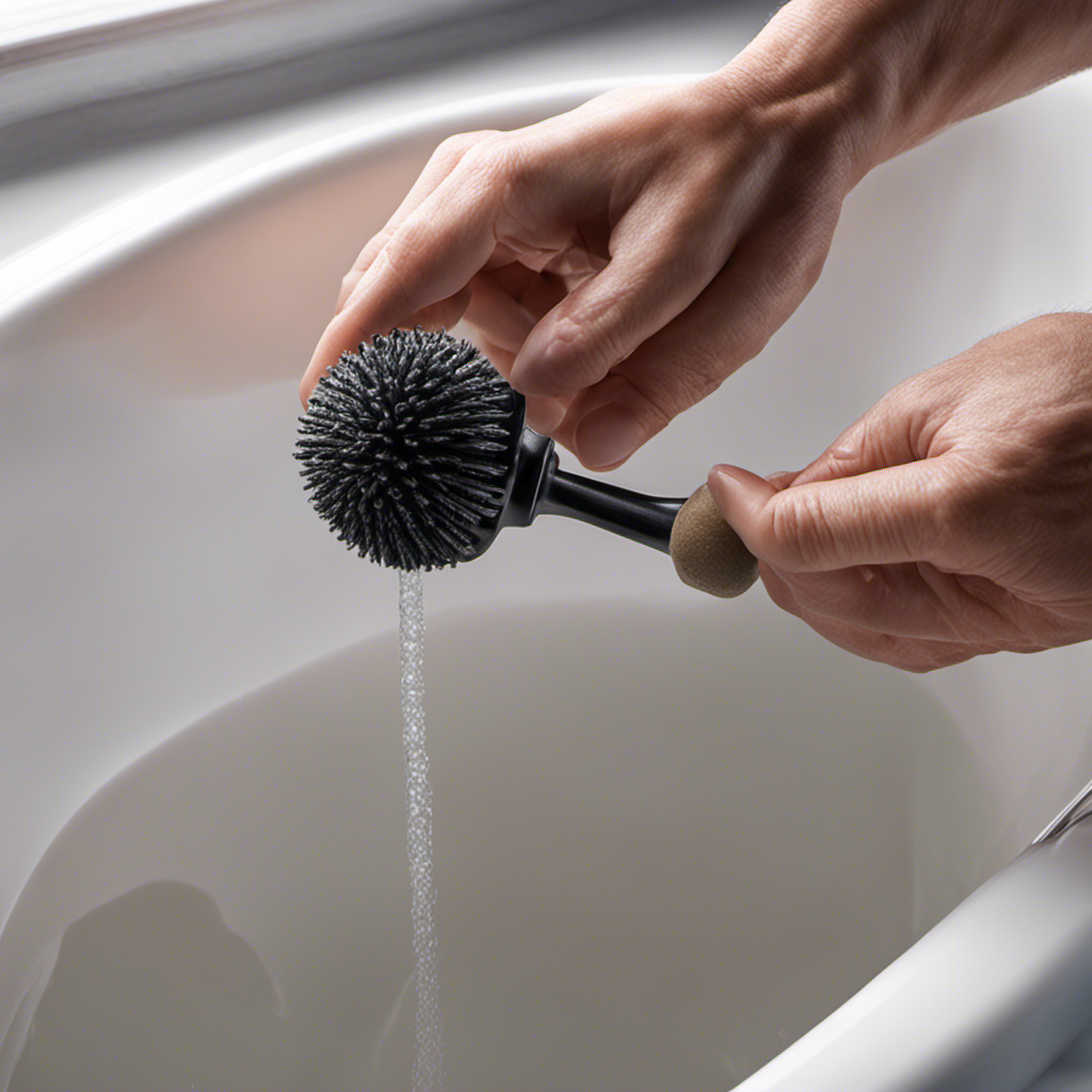 An image showcasing a close-up view of a hand firmly gripping a rubber plunger, positioned directly over a bathtub drain
