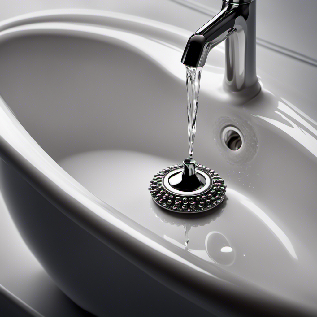 An image showcasing a close-up of a hand tightly gripping a rubber stopper, with water droplets sliding down its surface, ready to be inserted into a perfectly clean, gleaming bathtub drain