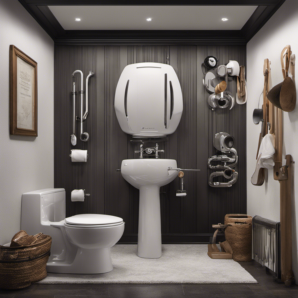 An image showcasing a step-by-step guide to plumbing a toilet, featuring an array of tools including a wrench, plunger, wax ring, and flange