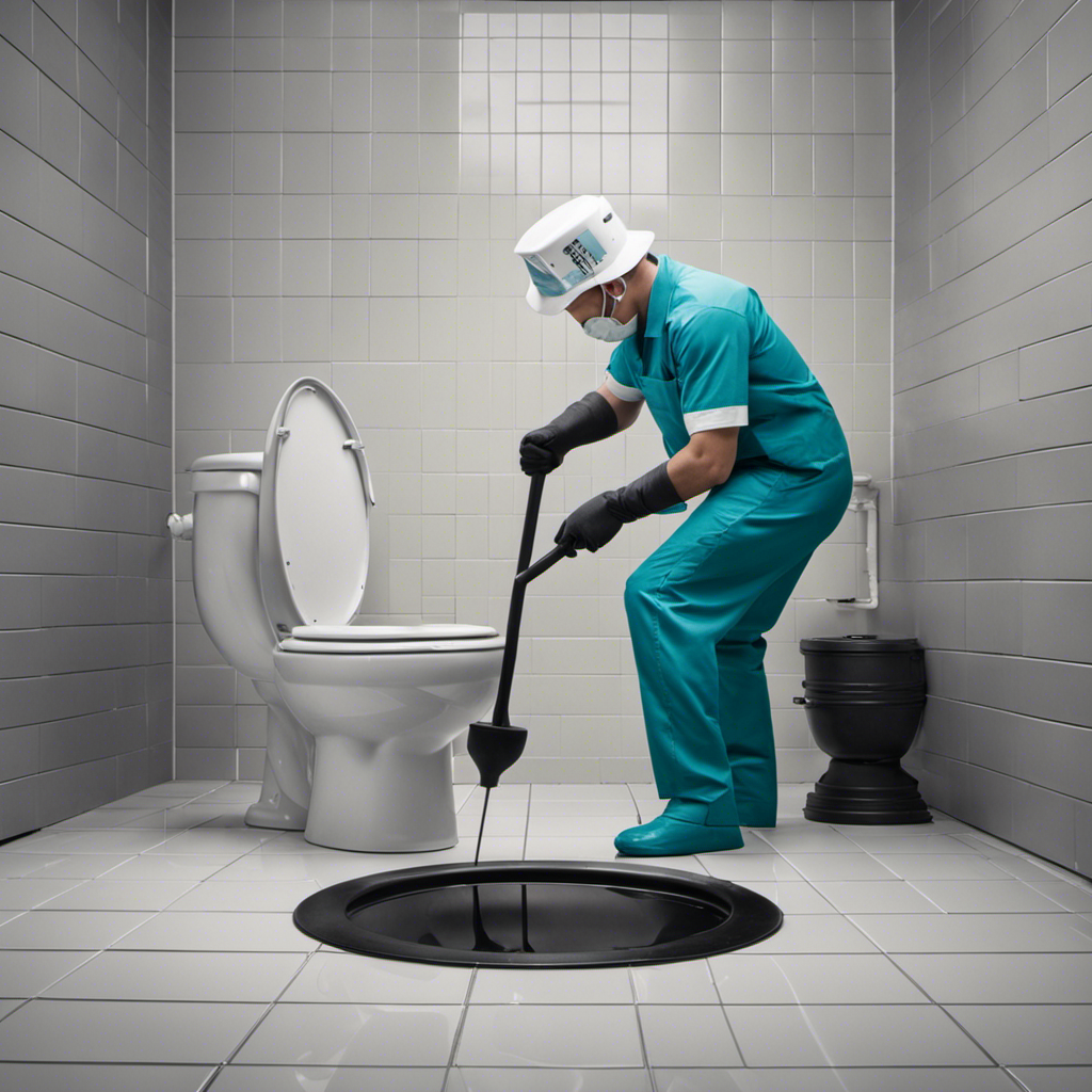 An image capturing the correct way to plunge a toilet: a person wearing rubber gloves, standing with a plunger positioned vertically in the toilet bowl, applying downward force with both hands, while maintaining a firm grip