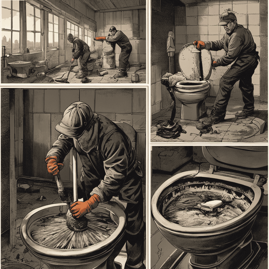 An image capturing the process of plunging a toilet with a clogged mass of excrement, showcasing a person wearing gloves, holding a plunger, applying pressure, and demonstrating successful unclogging