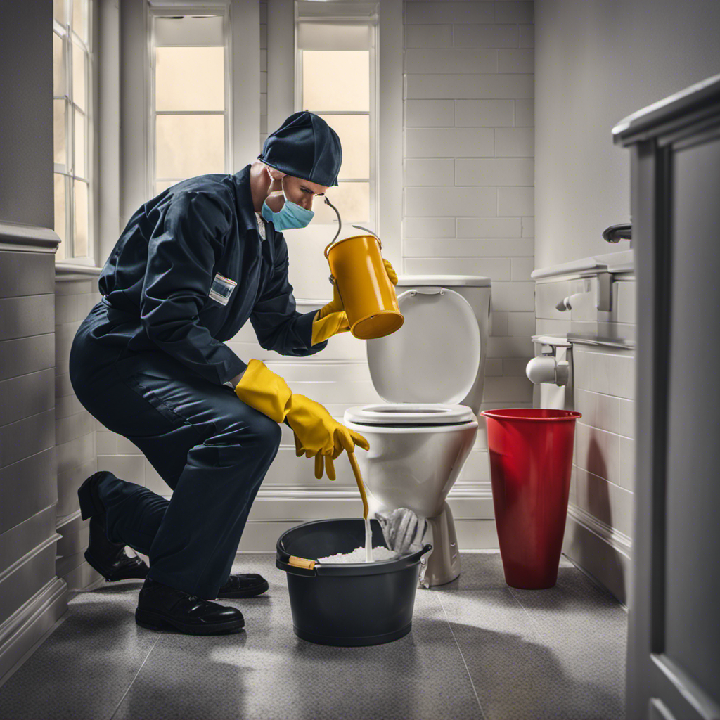 An image showcasing a person wearing rubber gloves, holding a large bucket filled with hot water, while carefully pouring it into a toilet bowl