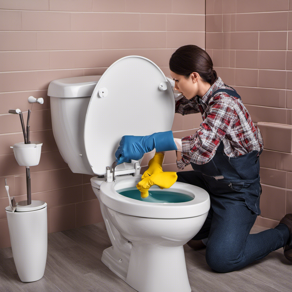 An image showcasing the step-by-step process of plunging a toilet: a person wearing gloves firmly grasping a plunger, positioned over a toilet bowl filled with water, demonstrating the up-and-down plunging motion