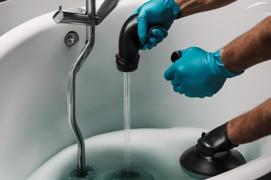 An image capturing a pair of hands clad in rubber gloves, gripping a sturdy plunger, as it is pressed down forcefully onto the surface of a filled bathtub, creating a powerful suction effect