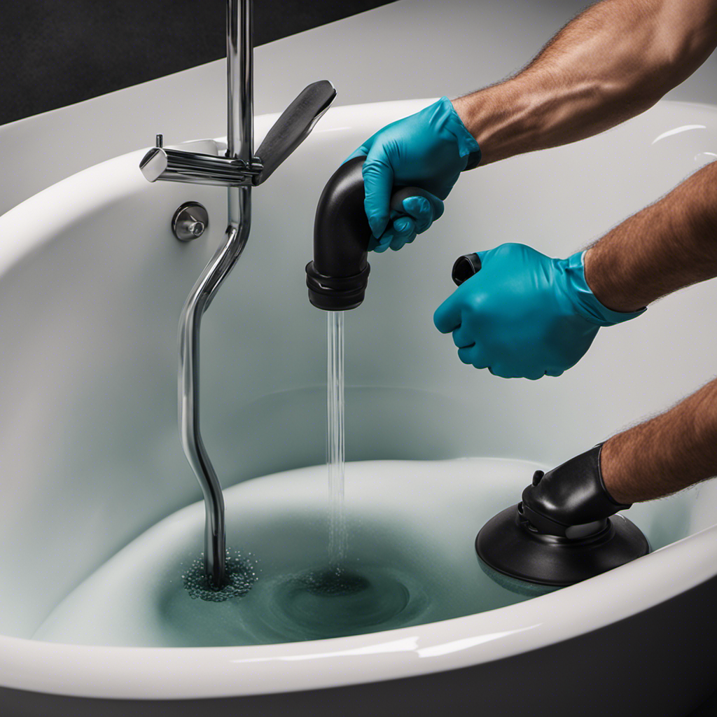 An image capturing a pair of hands clad in rubber gloves, gripping a sturdy plunger, as it is pressed down forcefully onto the surface of a filled bathtub, creating a powerful suction effect