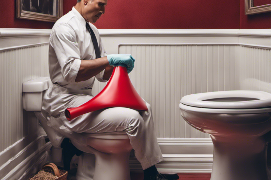 An image showcasing a person wearing rubber gloves, firmly holding a red plunger with a wooden handle